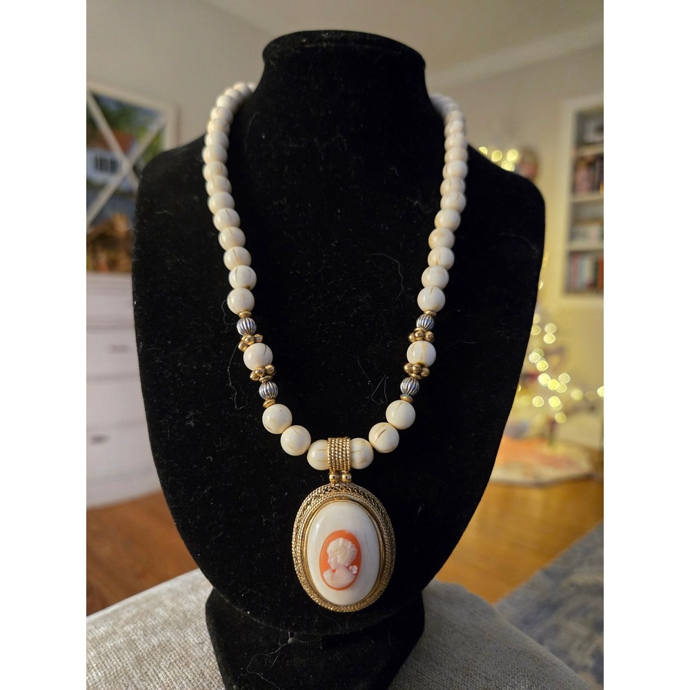 1928 Unsigned Cameo Necklace on Faux Bone Beads Gold Silvertone Accents Vintage